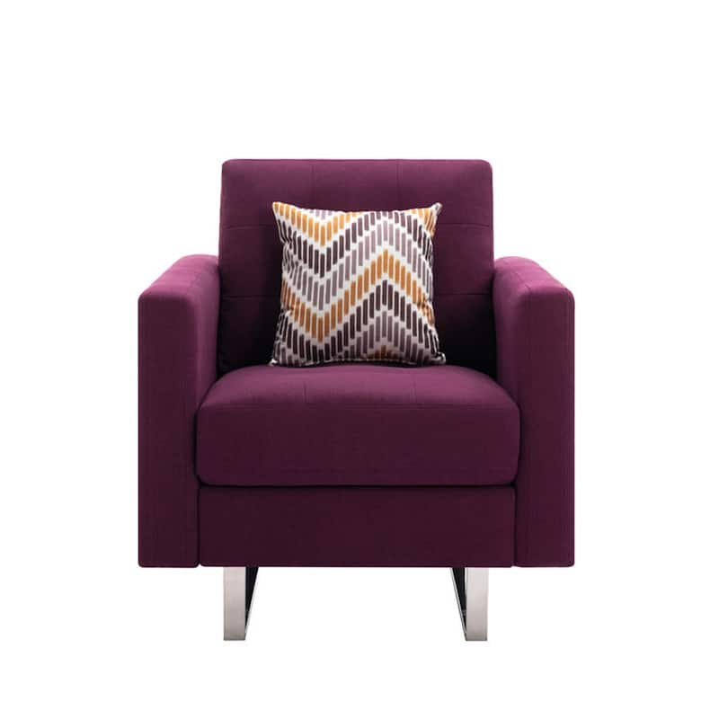 Linen Fabric Armchair with Metal Legs, Side Pockets, and Pillow