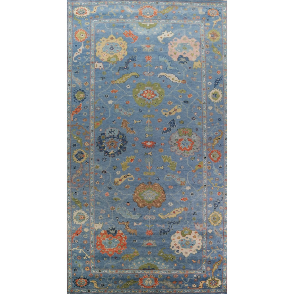 All-Over Blue Oushak Indian Large Rug Hand-Knotted Wool Carpet - 9'1" x 17'9"