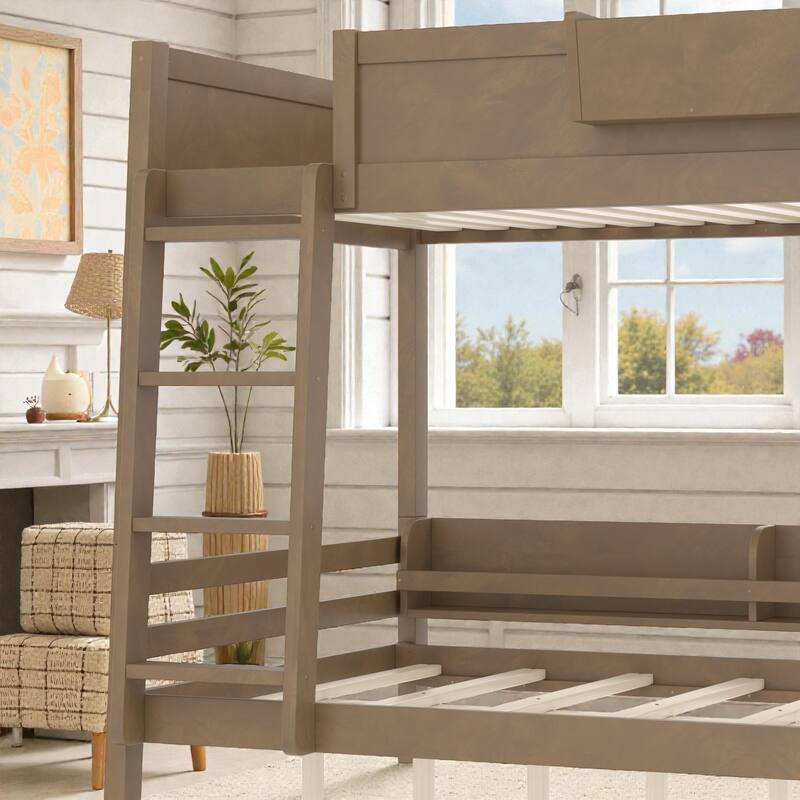 Wooden Bunk Bed Frame with Built-In Storage Shelves, Convertible to Two Beds, No Box Spring Needed
