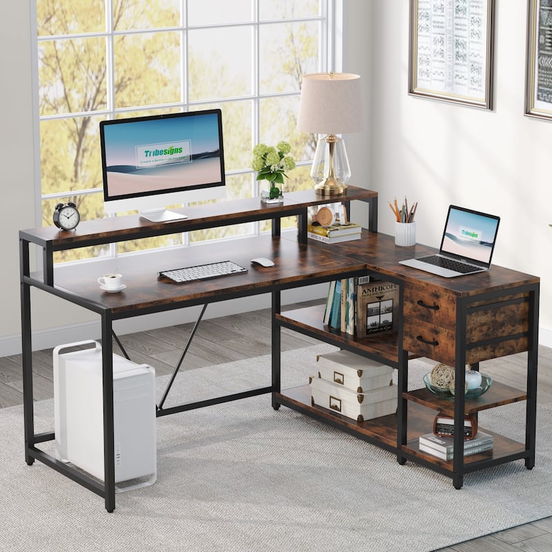 L Shaped Desk with Drawer, Home Office Corner Desk with Storage Shelves and Monitor Stand, Rustic PC Desk for Small Space - BROWN+BLACK
