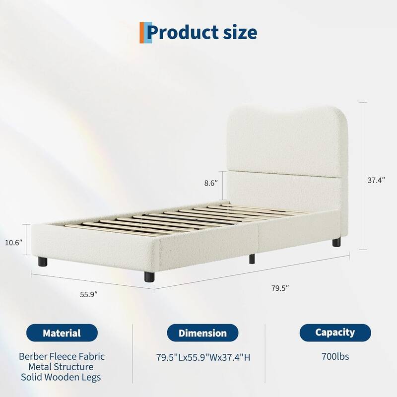 Upholstered Boucle Bed Frame with Headboard, No Box Spring Needed, Beige