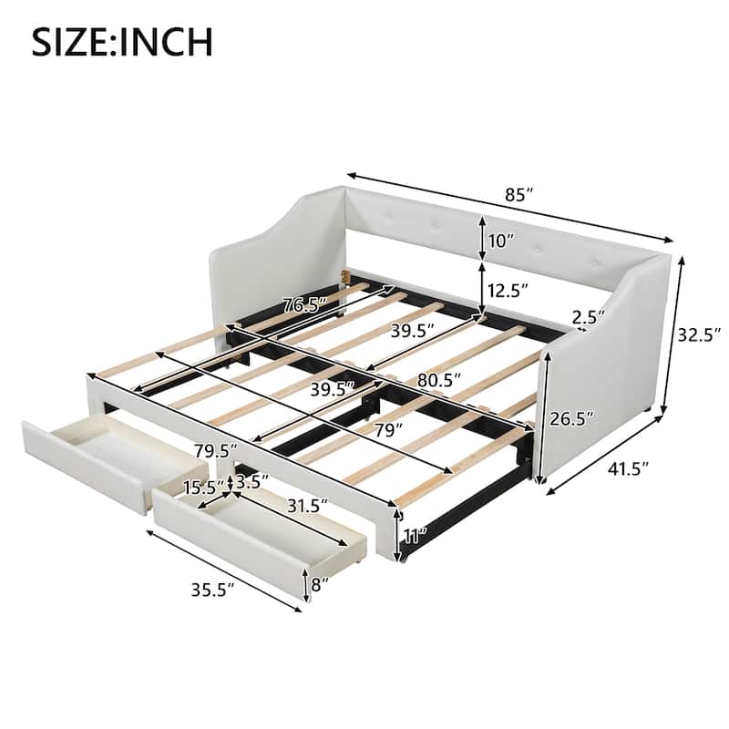 Twin XL to King Size Upholstered Daybed with Two Drawers