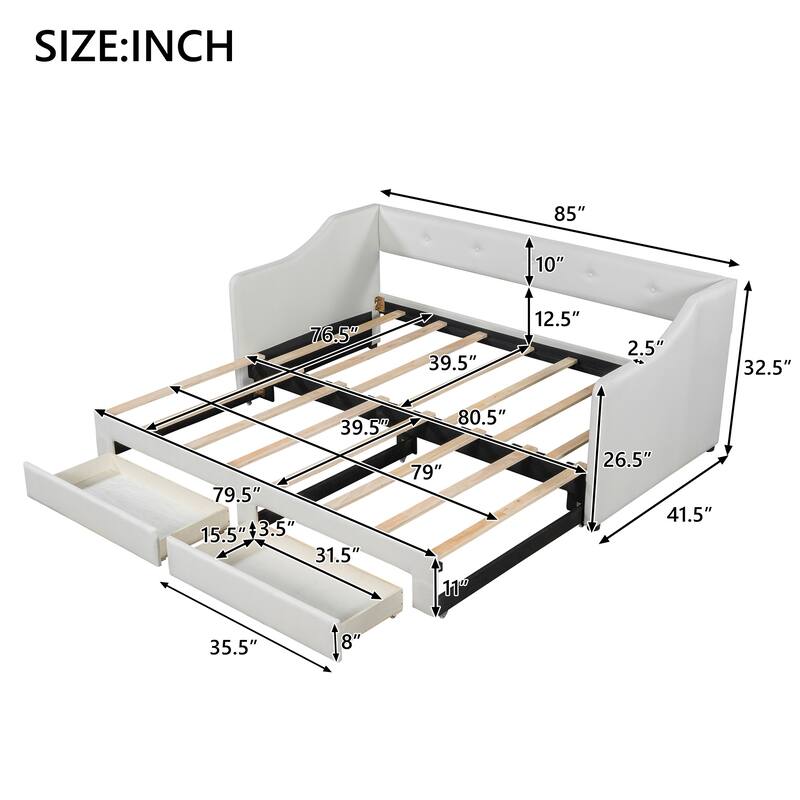 Twin XL to King Upholstered Daybed with Two Storage Drawers, Expandable Design, No Box Spring Required
