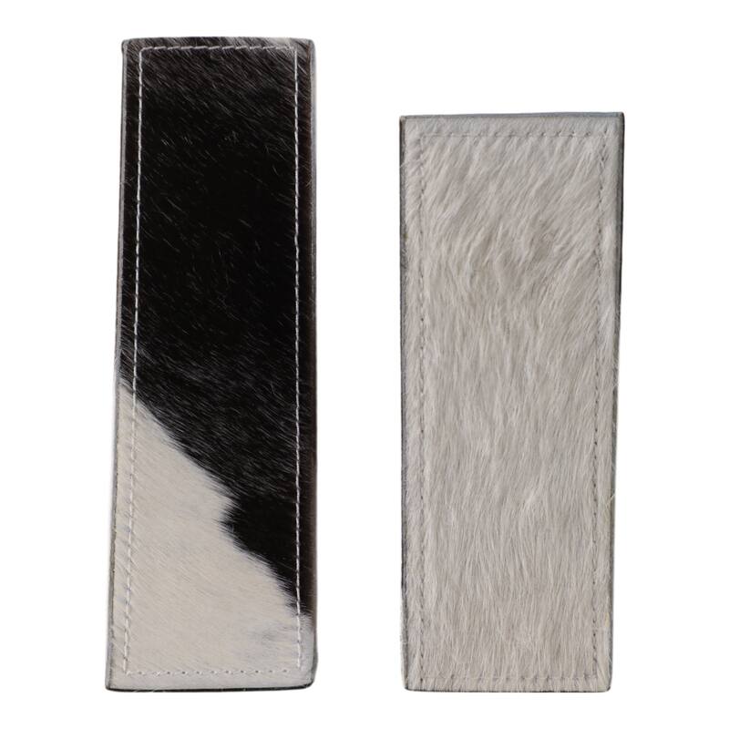 Leather Wood Bookends Cowhide Pattern Triangular (Set of 2) - 7" Ivory - 5.5" x 2.75" x 7"