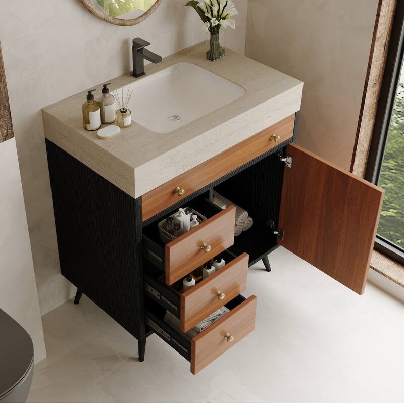 Mid-Century Modern Free-Standing Bathroom Vanity with Ceramic Sink & Sintered Stone Top