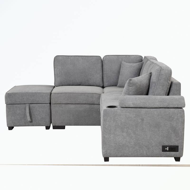 Modern 2 in 1 Pull Out sofa bed L Shape Couch with Storage Ottoman