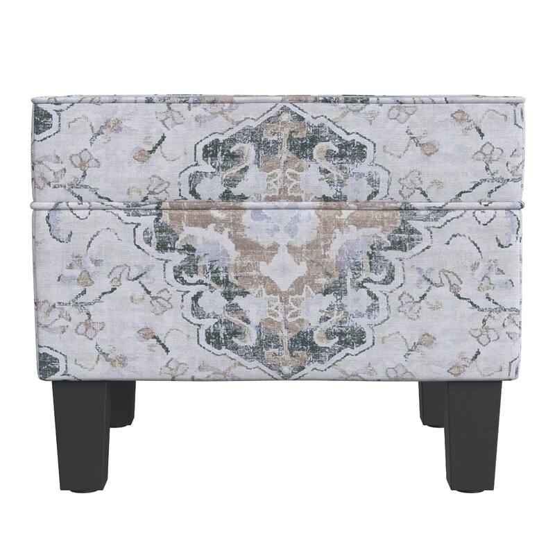 Ishi Accent Storage Ottoman, 22 Inch White Blue Print, Black Wood Legs