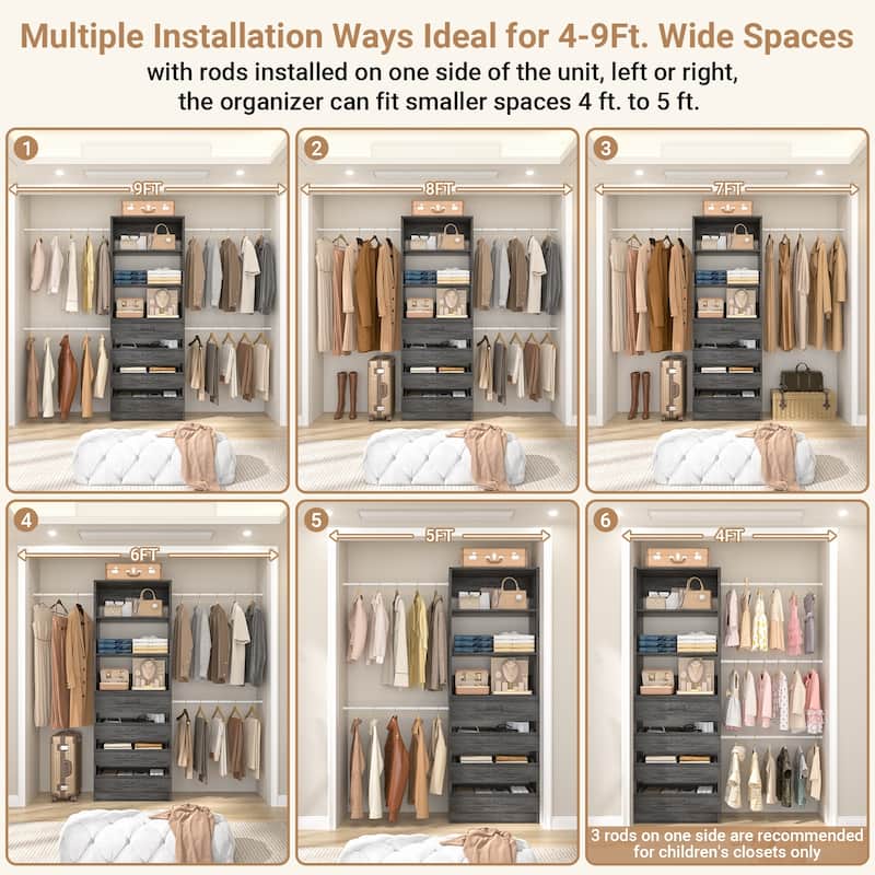 Rackcog 74''-115'' Closet System with 4 Wooden Drawers and 4 Hanging Rods, Sturdy Closet Organizer for Walk-in/Reach-in Closet