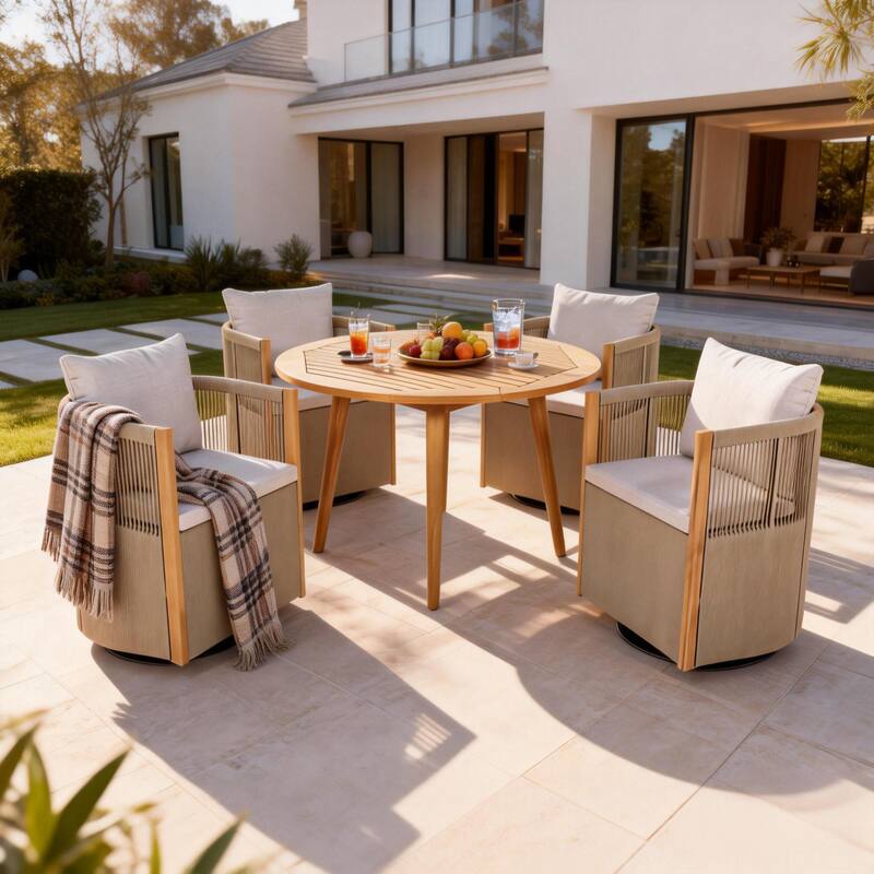 Christopher Knight Home - Nola 5-Piece Outdoor Acacia Wood Swivel Dining Set with Woven Rope Chairs & 47.25" Round Slat Table