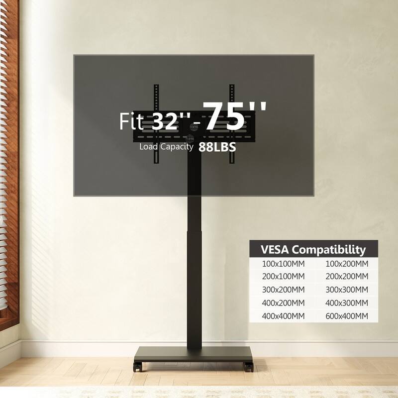 FITUEYES Rolling TV Stand with Stepless Lift for 32-75 Inch TVs, Swivel and Tilt, Hold up to 88 lbs