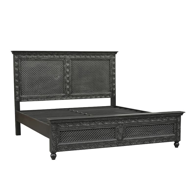 Edmond Hand-Carved Solid Mango Wood King Bed with Floral Cutout Panels
