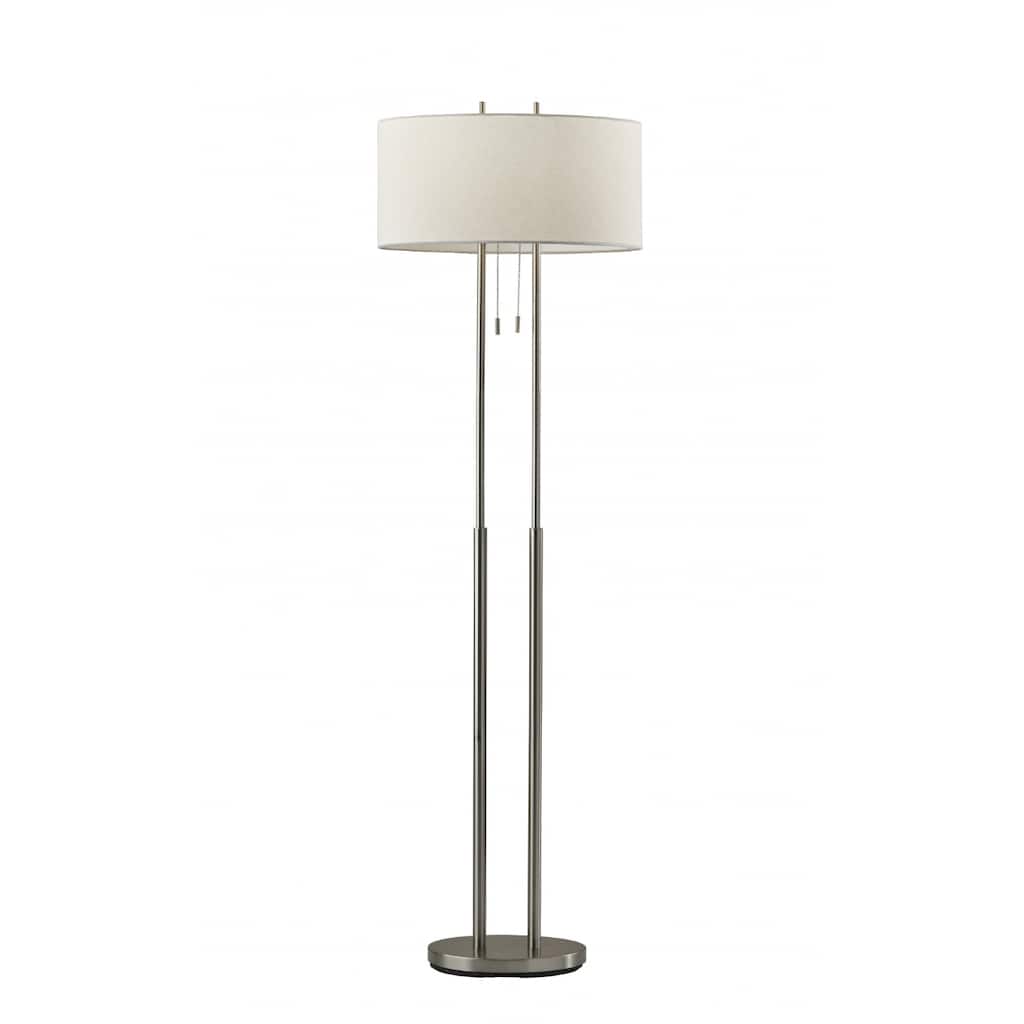 Modern 62” Task Floor Lamp in Brushed Silver and White Drum Shade Pull Chain Switch Plug-In - 19"L x 9"W x 62"H