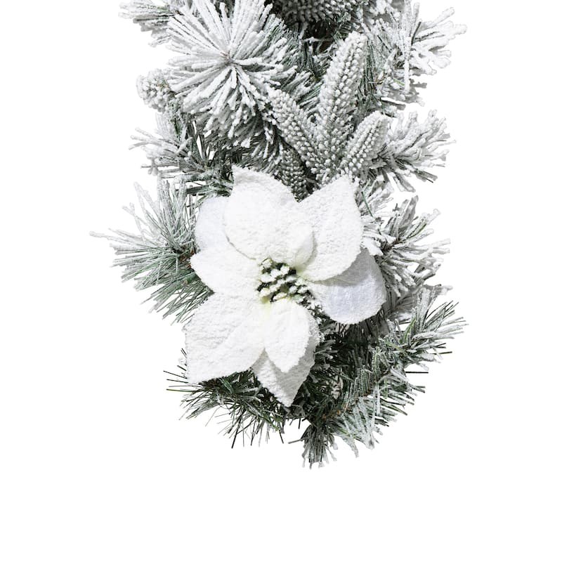 Glitzhome Set of 2/4 6ft Pre-Lit Flocked Greenery Pine White Poinsettia Christmas Garland