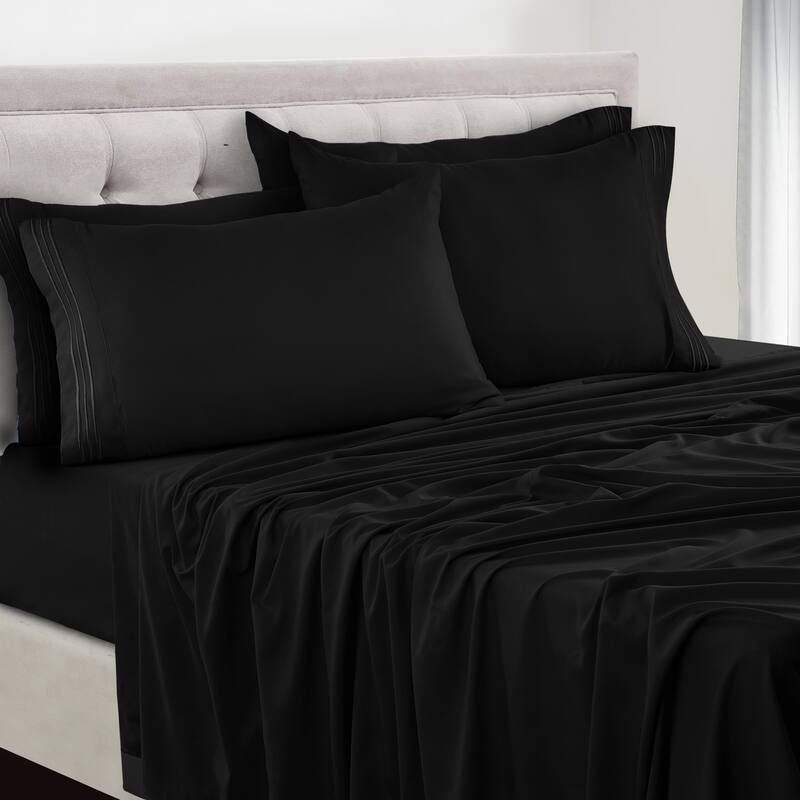 6 Piece Bed Sheet Set Deep Pocket Ultra Soft Microfiber Bedding Sheets - Queen - Black