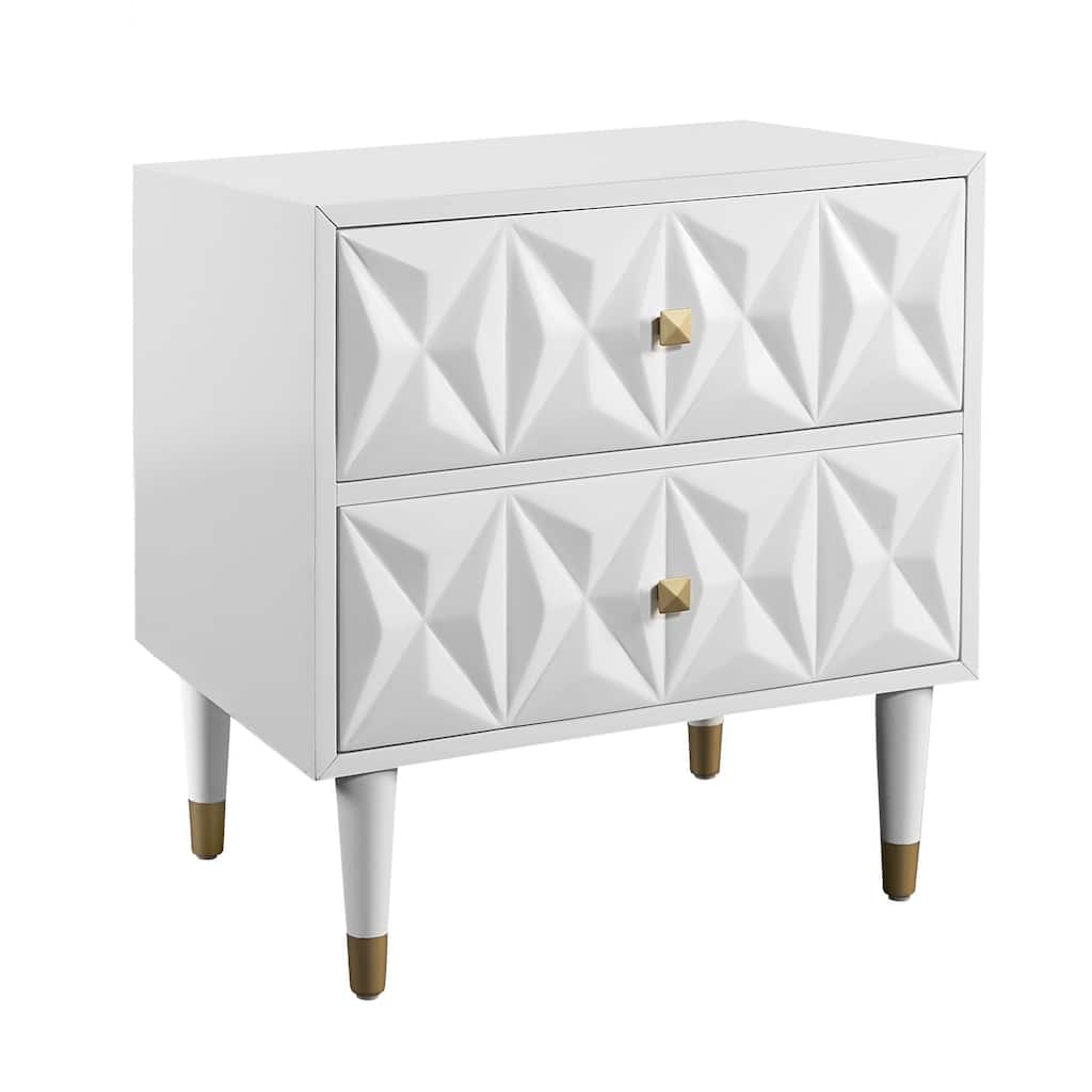 27" White Geometric Patterned Two Drawer Nightstand
