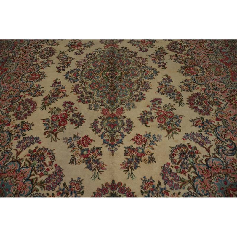 Hand Knotted Oriental 100% Wool Carpet Traditional Floral Beige & Ivories Kerman Area Rug - 13' 3'' X 9' 11''
