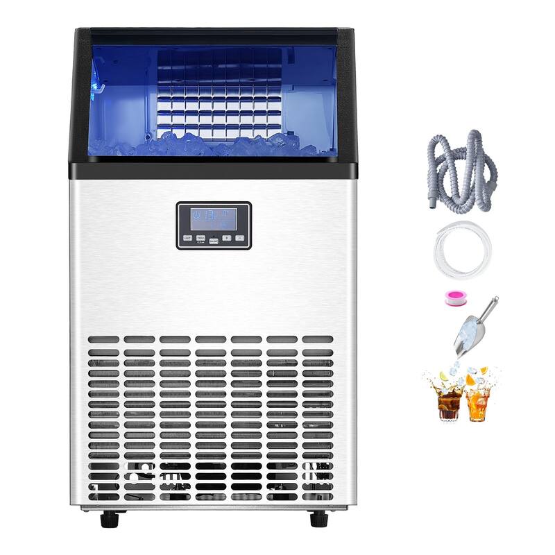 Silver Black Stainless Steel Commercial Ice Maker with 33 lbs Storage and Self Cleaning - 17.6 x 15.7 x 31.4 in (with feet) - Silver-Black