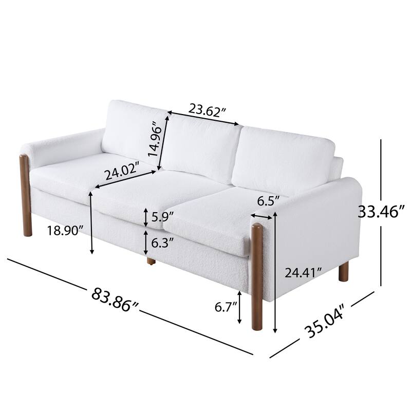 83.86" 3-Seater Sofa, Curved Armrest with Integrated Solid Wood Legs, Teddy Velvet Fabric, High Weight Capacity