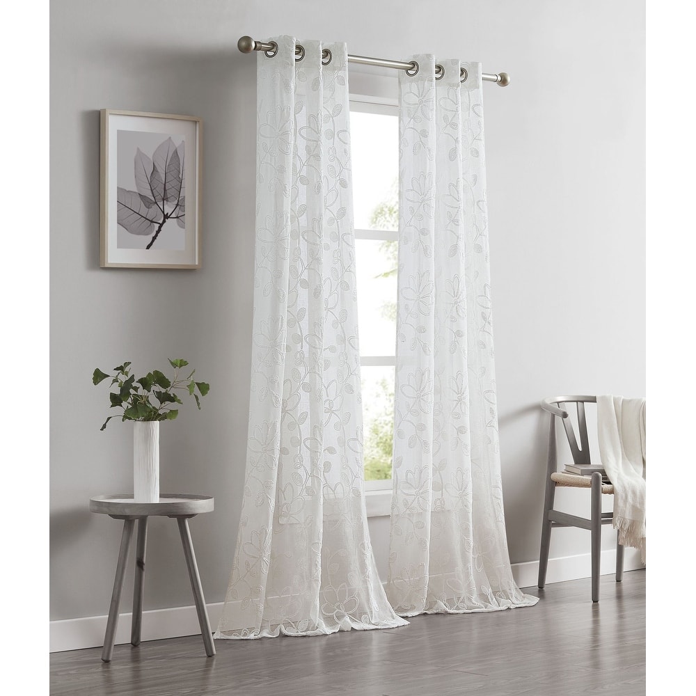 Dainty Home Rita Chenille Floral Embroidered Faux Linen Textured Light Filtering Grommet Curtain Panels, Set of 2 Panels