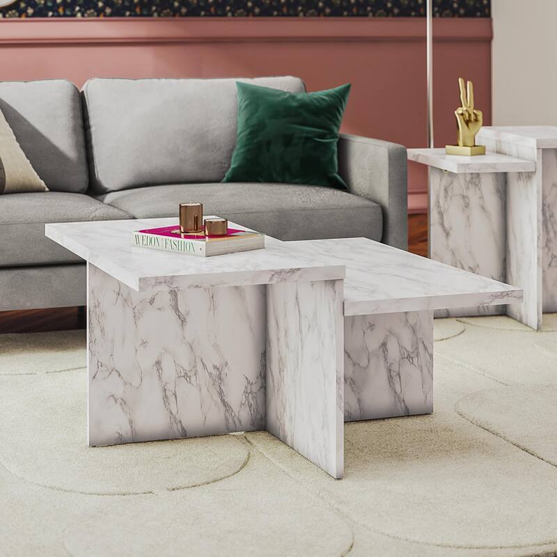 Roomfitters Brielle Square Two-Tier Coffee Table with Faux Marble Finish, Modern Design, White