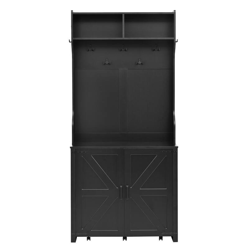 4-in-1 Entryway Coat Rack with Barn Doors,7 Hanging Hooks,Shoe Storage