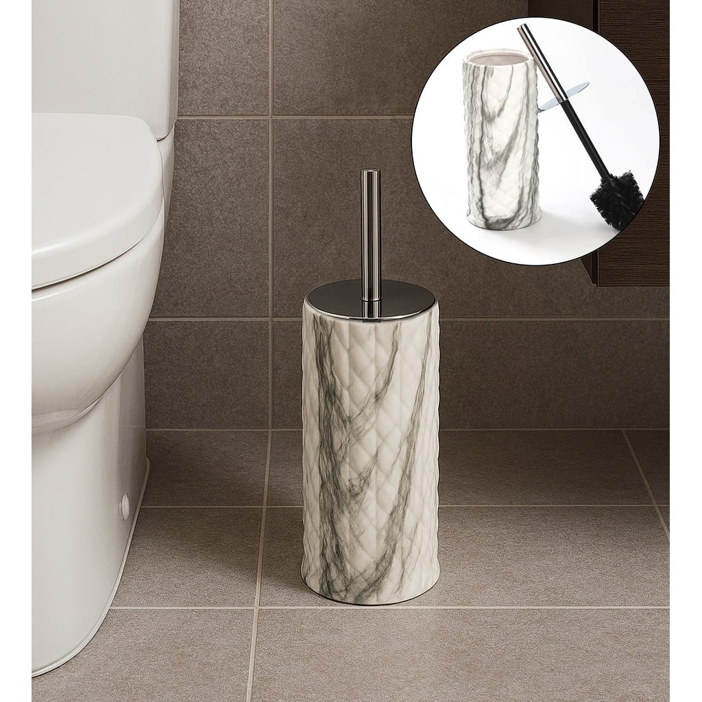 15" Tall Embossed Textured Beige Grey Ceramic Toilet Brush Set with Holder