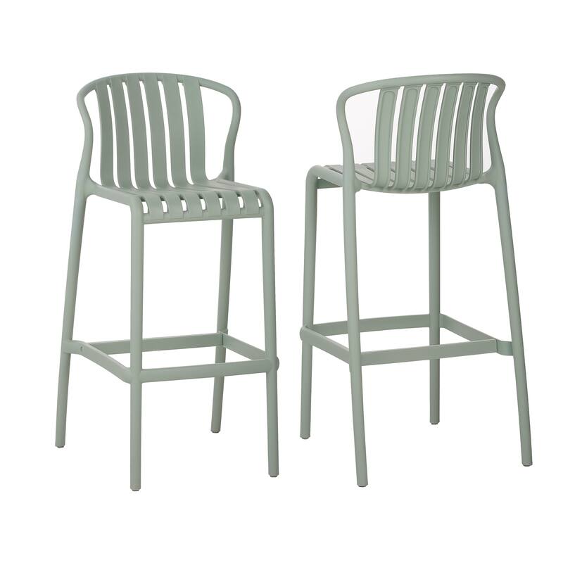 Set of 2 All-Weather Outdoor Bar Stools, 29.5"H Green Perforated Slat Back - Patio, Poolside & Kitchen Island 