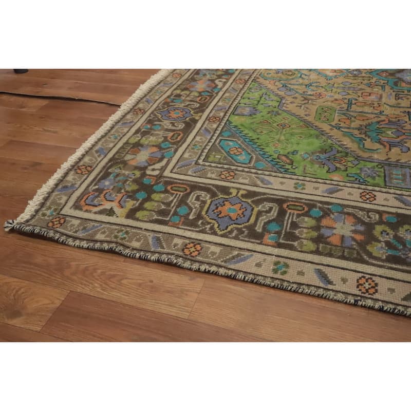 Hand Knotted Oriental 100% Wool Carpet Traditional Distressed Brown Tabriz Area Rug - 9' 5'' X 6' 4''