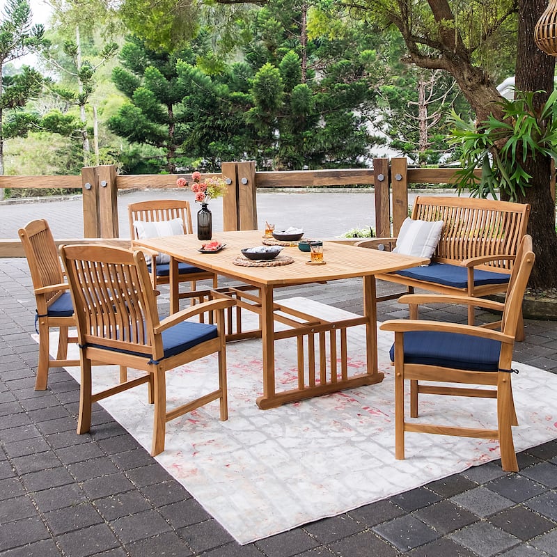Cambridge Casual Leon 6-Piece Teak Patio Extendable Dining Set - Natural Teak/Navy Cushion