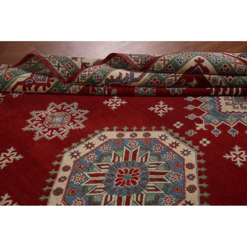 Red Geometric Kazak Oriental Area Rug Handmade Traditional Wool Carpet - 9'7" x 13'1"