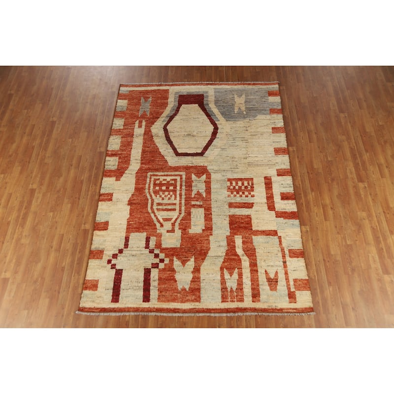 Moroccan Oriental Area Rug Hand-Knotted Beige Tribal Wool Carpet - 6'10" x 9'8"