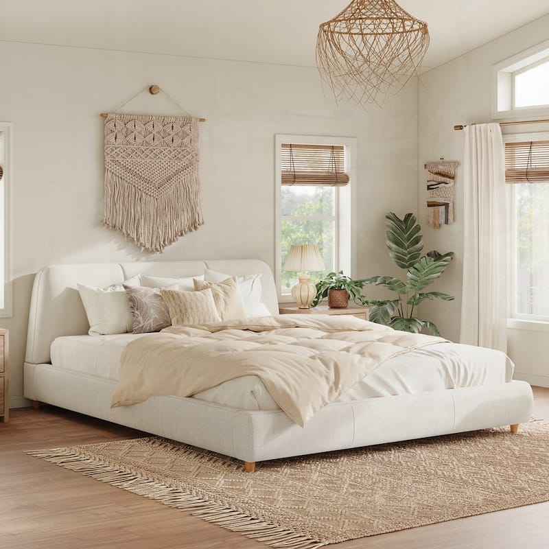Upholstered Platform Bed with Curve-Shaped Design Headboard - White- Linen Blend - King