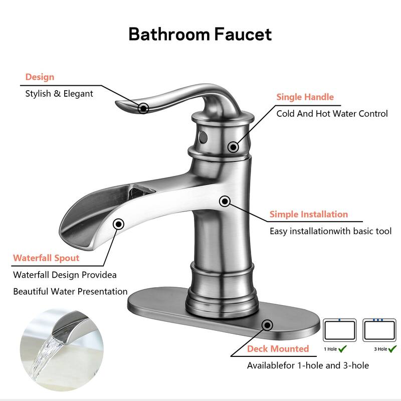 Bathroom Faucet Waterfall Single Handle Vessel Sink Faucet Deck Mount Black Vanity Faucets