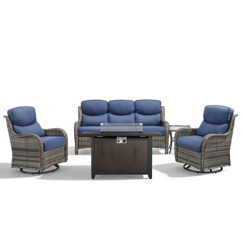 Meyreso 5-Piece Outdoor Patio Metal Fire Pit Wicker Conversation Set with 5-Inch Thick Olefin Cushions