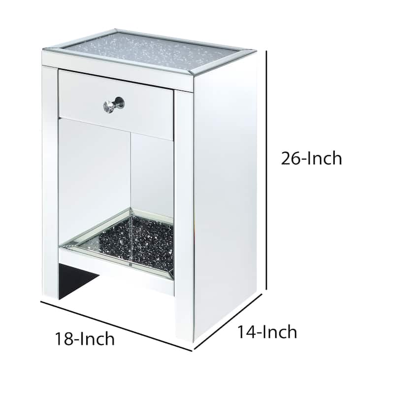 Mirrored Wooden Night Table with 1 Drawer and Bottom Shelf, Silver