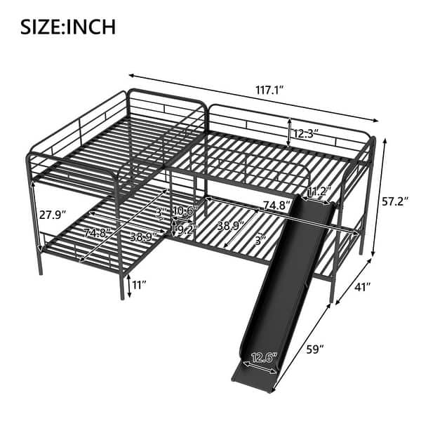Twin Size L-Shaped Bunk Bed with Slide and Ladder, Black