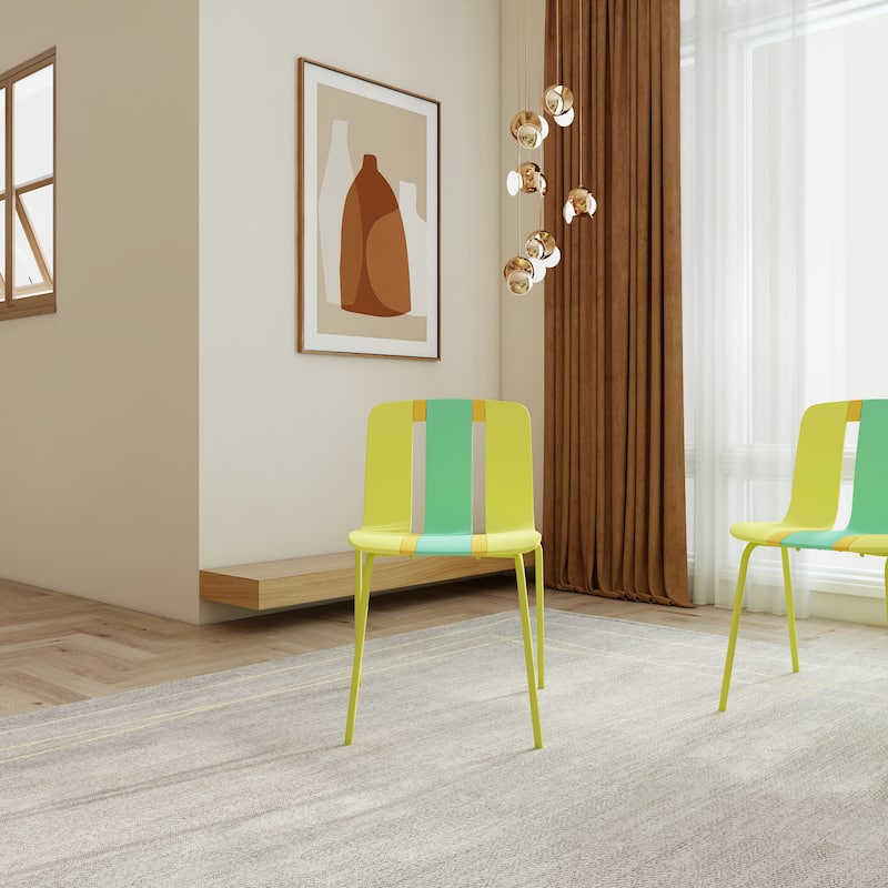 4-Pack Modern Striped Color Block Chairs -Indoor/Outdoor PP Plastic Seat & Sturdy Metal Legs-for Living Room, Balcony, Terrace - Grain Yellow+Tropical Orange