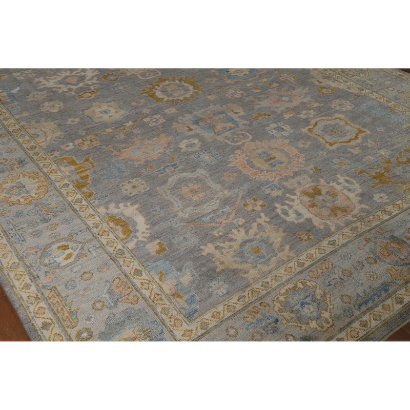 Hand Knotted Oriental 100% Wool Carpet Transitional All-Over Navy Blue & Blues Oushak Area Rug - 9' 11'' X 8' 1''