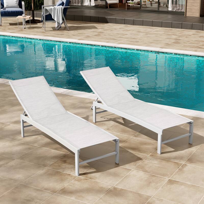 Outdoor Adjustable Aluminum Chaise Lounge Chairs for Patio Pool Terrace - See Picture - White/Grey/Blue Fabric, White Frame