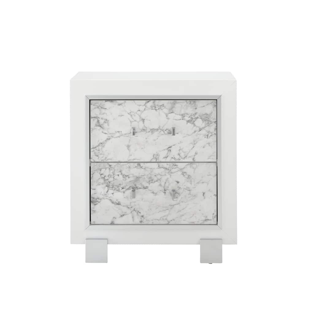 White Marble Nightstand with Spacious Drawers and Knob Hardware