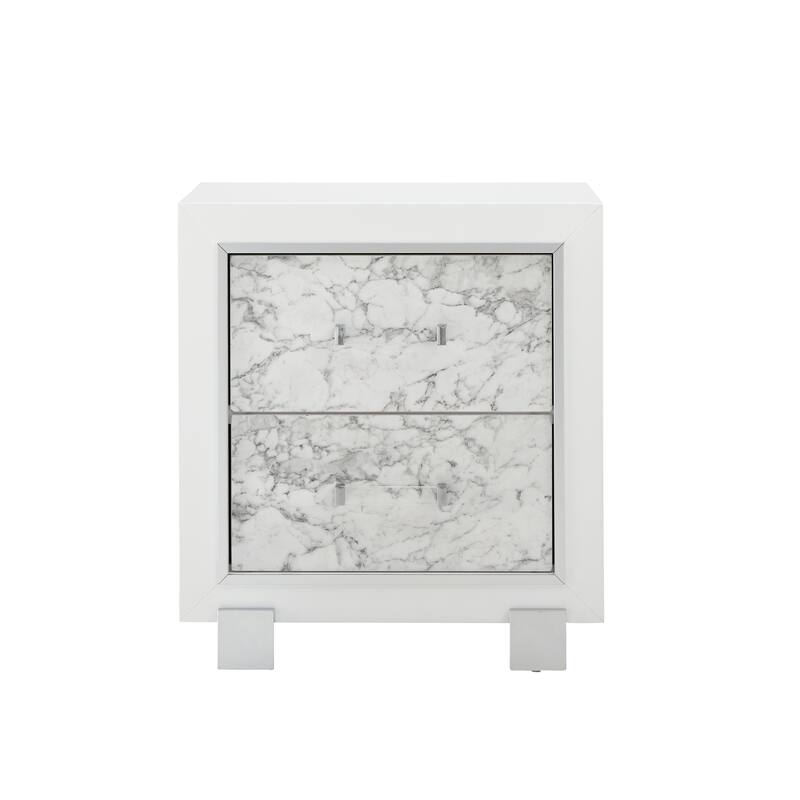 White Marble Nightstand with Spacious Drawers and Knob Hardware - White