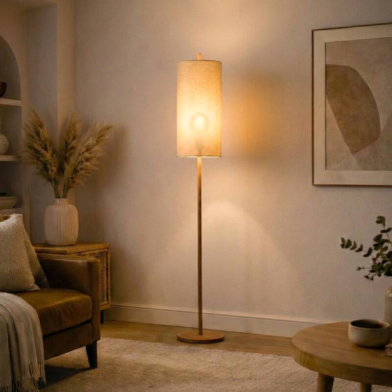 Alicia Natural Wooden Floor Lamp with Cylindrical Woven Shade - Walnut