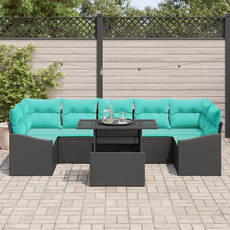 vidaXL 8 Piece Garden Sofa Set with Cushions Black Poly Rattan - 113.8×48.6×27.2