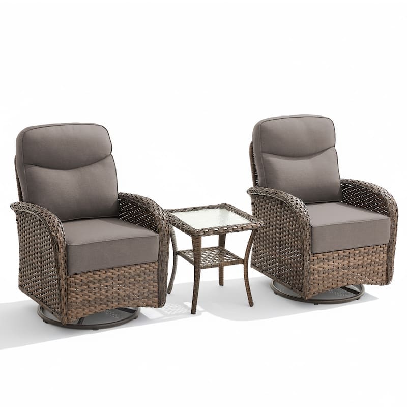 Meyreso 3-Piece Wicker Patio Swivel Glider Chairs with 6-Inch Thick Cushions and Side Table