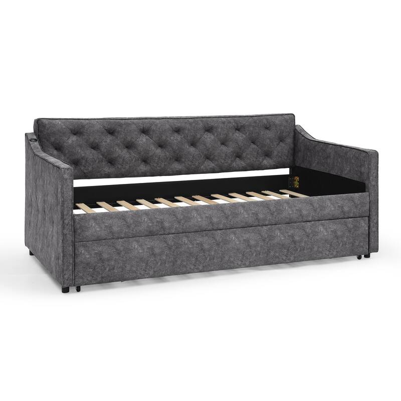 Twin Size Upholstery Daybed with Erectable Trundle and Button-tufted Backrest, USB Charging Design, for Living Room and Bedroom