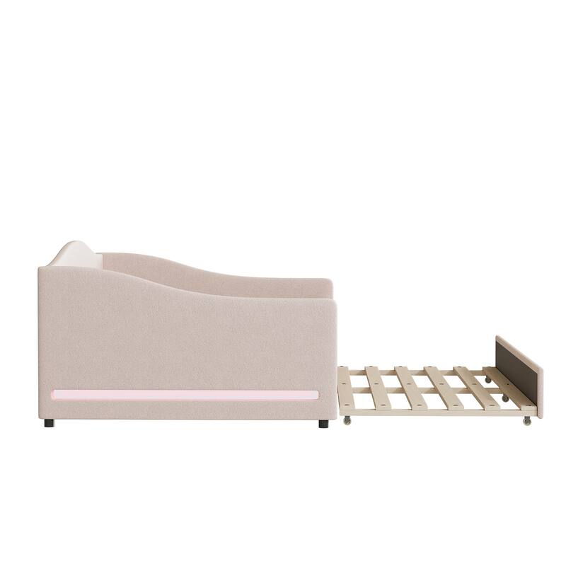 Full Size Upholstered Teddy Fleece Daybed with Trundle and Light Stripes, Beige