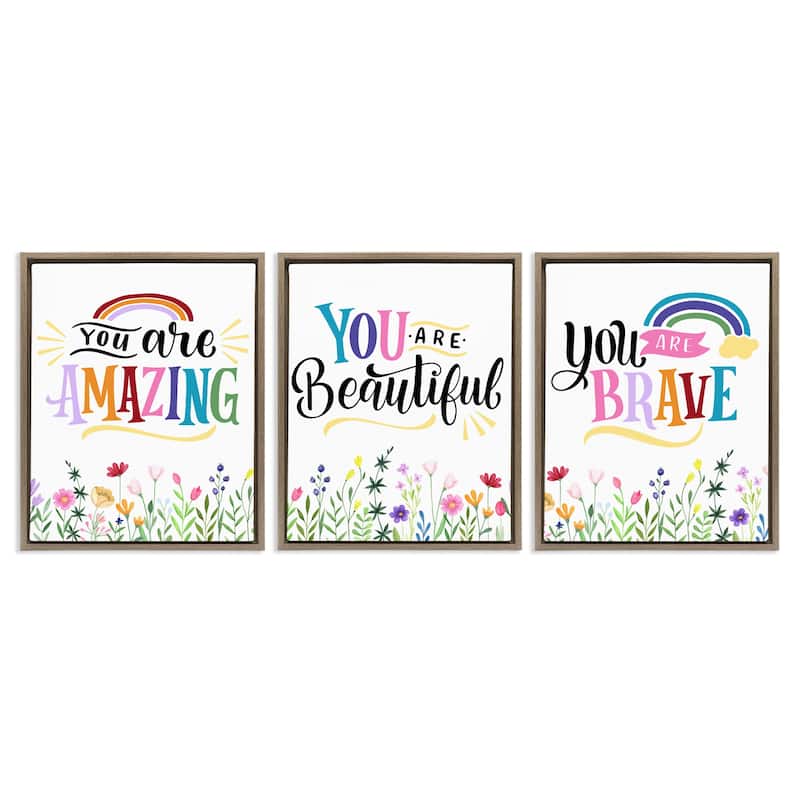 Stupell Confidence Sentiments with Florals Framed Floater Canvas Wall Art Design By Kim Allen (Set of 3) - 17 x 21 - Brown