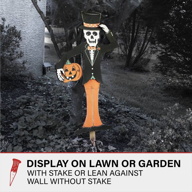 Haunted Hill Farm 46-In. Skeleton Holding a Carved Pumpkin Wood Yard Stake for Halloween Decoration