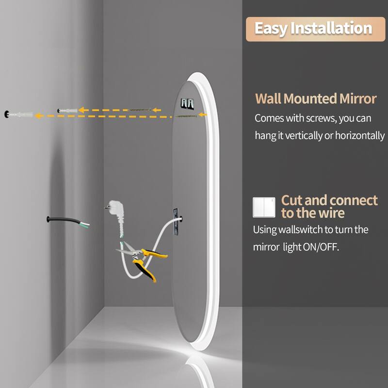 LED Bathroom Mirror Wall Mounted Oval Vanity Backlit Anti-Fog 3 Colors - 48in.Hx24in.W
