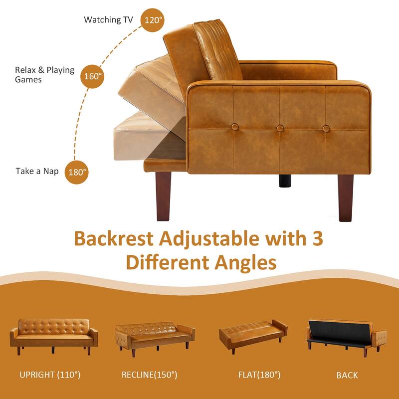 74.4” L Faux Leather Full Handcrafted Button Tufted Sofa 3-Seat, Convertible Sleeper Couch Adjustable Backrest